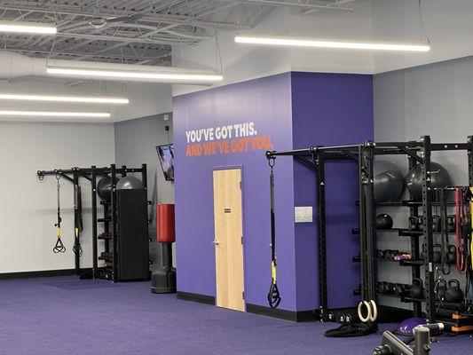 Stretching area, mobility area, rings, pull up bars, foam rollers