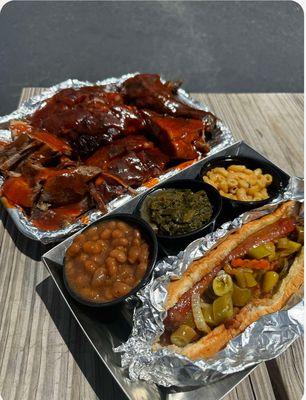 Rib Combo with spicy sausage and sides!