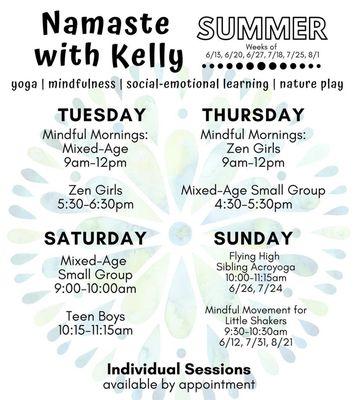 Upcoming summer schedule! Follow her on Instagram for updates and special classes.