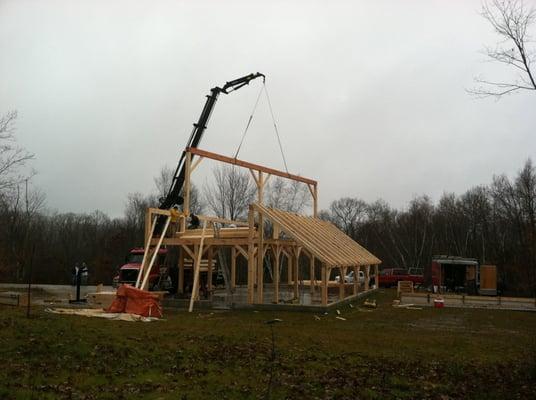 The Shelter Design Build Crew is raising a 32x50 foot barn in Lyme Ct. this week. Frame is eastern white pine w/ a Doug Fir ridg