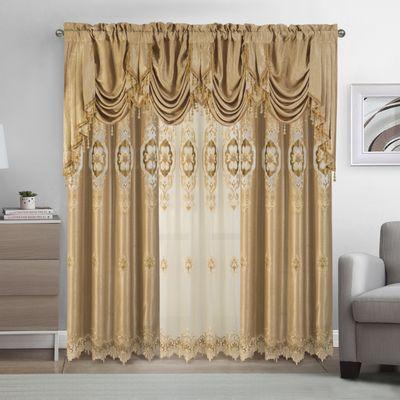 Jennifer gold panel 52"x84" inches $24.99 each, ritu sheer embroidery panel $19.99 each, swag valance 118" wide $99.99 each