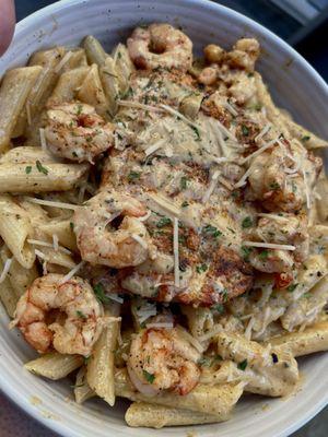 Cajun Alfredo with shrimp and salmon