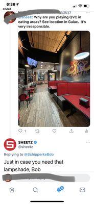 Weird response from a corporate business. I take it zero thought went into what would play on a public TV in the eating area.