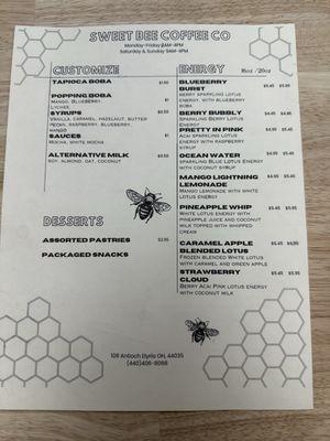 Custom, energy, and desserts menu