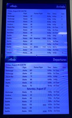 The arrivals and departures board here in Juneau has all Alaska Airlines flights.