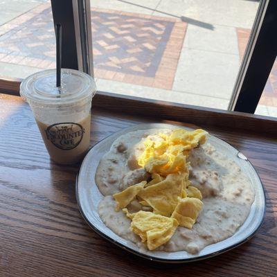 Iced vanilla latte. Biscuits & gravy + eggs.