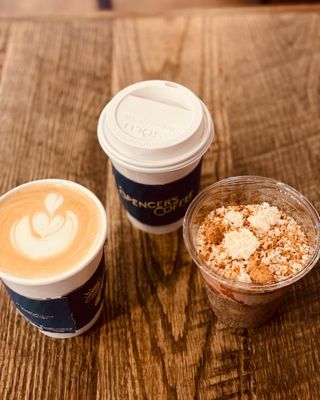 Chia seed pudding, latte and coffee