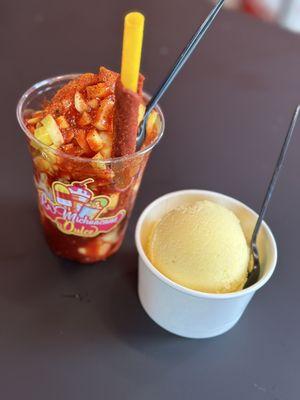 Mangonada with ice cream (mango, lime, pineapple) cup of ice cream (mango, piña colada).