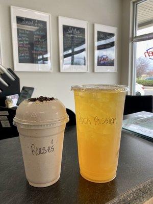 Reese's peanut butter cup shake and Peach passion iced tea