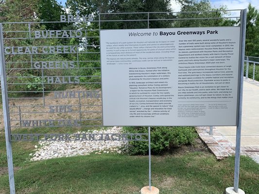 Welcome sign to Bayou Greenways Park