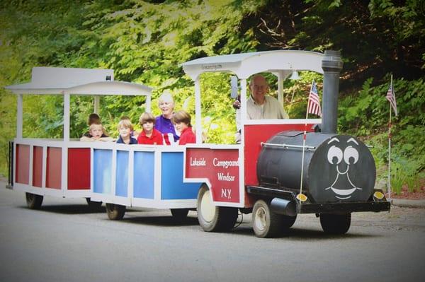 Lakeside Campground, Windsor, NY - Free mini train rides around private, secluded lake.  607-655-2694