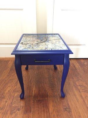 'Exposed' side table with custom finish and original art.