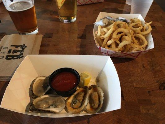 Raw and grilled oysters with curly fries and a Dale's Pale Ale. Yum!