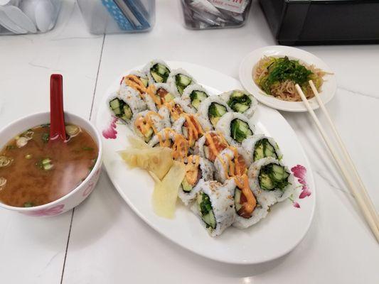 Sushi Roll Lunch Special includes 2 rolls, miso soup and noodle salad.