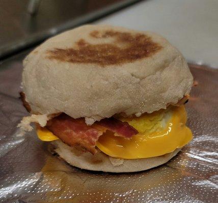 Bacon egg and cheese breakfast sandwich. Also available on a bagel. Sub cheddar or Swiss cheese, if you like.