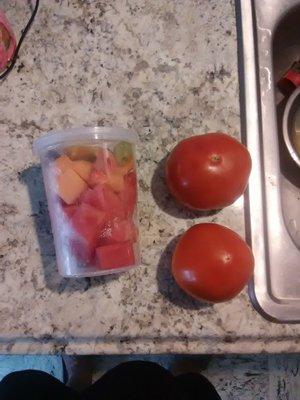 2 tomatoes and a fruit cup is $14  first and only time ever buying from the truck