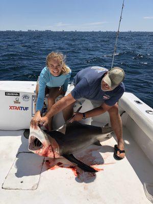 Captain Larry helps me wrangle a shark!!