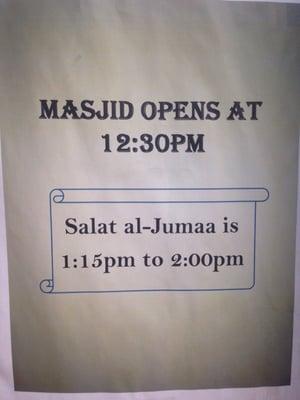 Jumma Friday prayer timings.  Correct as at May 2015. May change during the year?