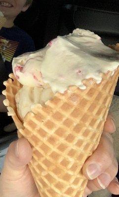 Raspberry cheesecake, & a lemon bar scoop in a fresh waffle cone! I highly recommend! :-)