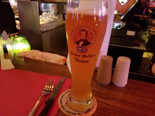 Hacker-Pschorr hefeweizen in a .5 liter tulip glass as it should be.