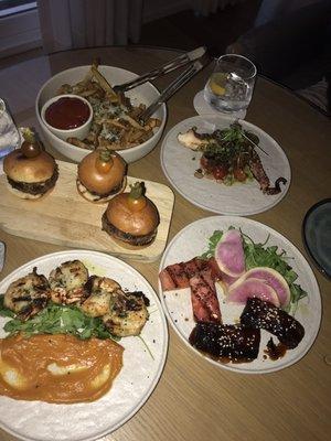 Truffle fries, sliders, octopus, pork belly with grilled watermelon, Jamaican jumbo shrimp