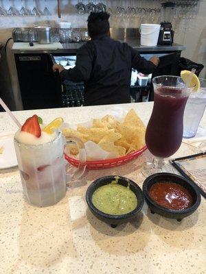 Margarita was good. Chips and salsa great as well. They didn't add ice to the sangria. We had to ask for it.