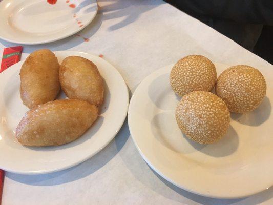 Dim sum - fried meat something? And sesame balls