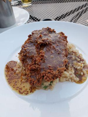 Jidori fried chicken with risotto and honey mustard sauce