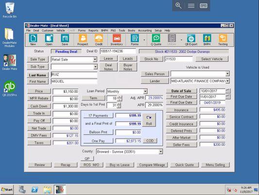 www.dealer-mate.com Sales Screen shot complete car sale and print forms in 30 seconds!