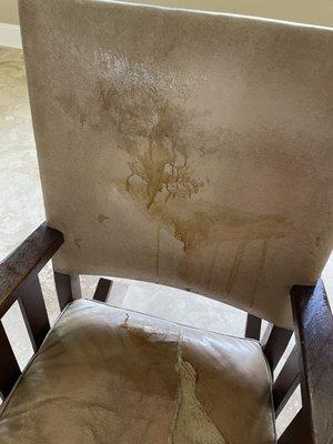 Oil leaked onto antique chair because lawnmower was placed on top of it.