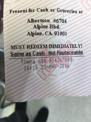 The only drawback is you have to take the receipt in to the cash registers and redeem them immediately. Refunds can't be accumulated.