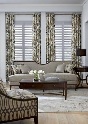 Layers - Drapery panel with composite plantation shutters.