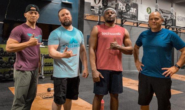 Functional fitness training after Kali class with Kevin, Martin, Bernard, and Ollie (right to left).