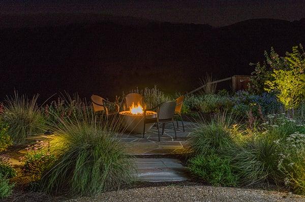 Outdoor fire pit, landscape lighting and California Native plants