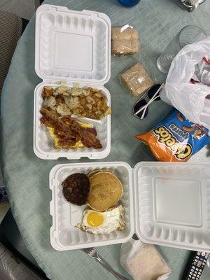 My breakfast. Breakfast box and pancake platter