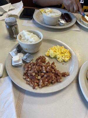 Corned Beef Hash, Scrambled Eggs with Cheese