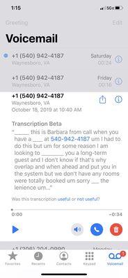 Transcriptions of the voicemails left by the motel, the first one on Friday morning and one the last one late Saturday night.