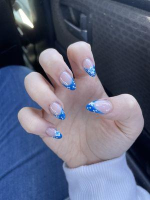 Blue french tip gel almonds w/ hibiscus design