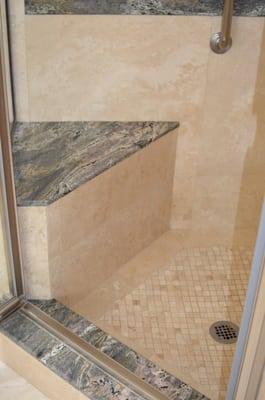 granite and travertine shower seat, walls and floor