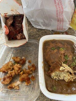 Disgusting burnt fried shrimp 4-5 pc small order bbq pork and egg foo young not eaten yuck