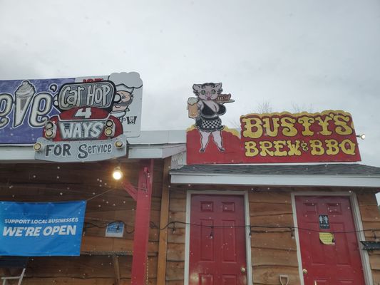 Part of the main sign - this is the brew and bbq, Joe's pizza, and Sweet Genevieve's