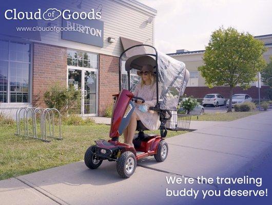 Accessorize with our Cloud of Goods canopy, cup holder, elevating leg rest or crutch holder for you wheels.