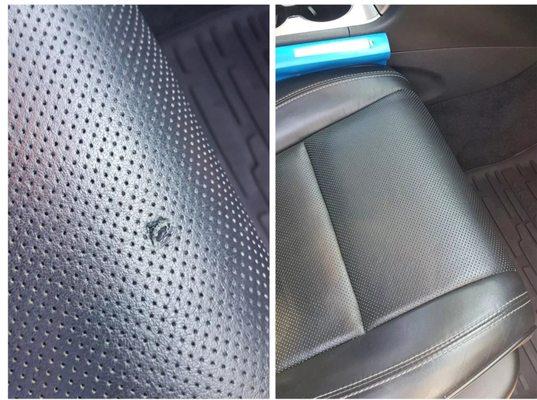 Leather car seat repair on Google. Called Auto Interior Doctors, and they did amazing job look at the before and after pictures above!