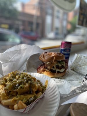 Lee's burger, jalapeño cheese fries