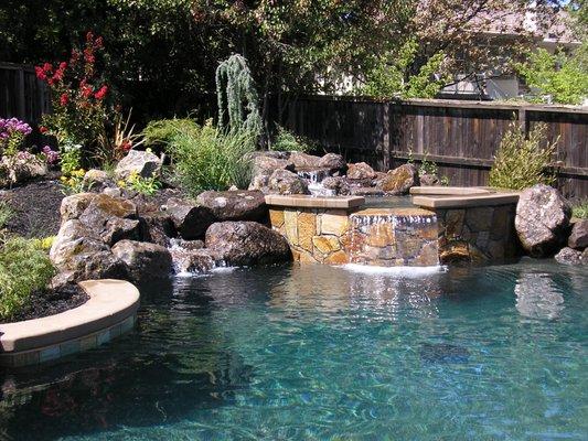 Moss Rock waterfall with Golden Plains tile and Gold Quartzite flagstone