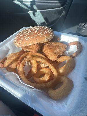 Catfish Sandwhich with onion rings