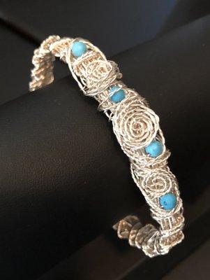 This beauty sold but we make custom items! Hand-woven Wire Bracelet Cuff with Magnesite