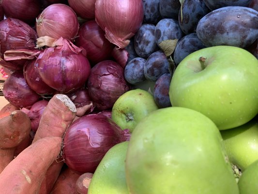 Granny Smith Apples, Italian Prune Plums (grown in NY), Red onions and sweet potatoes