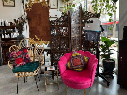 Cute chairs to sit in while waiting or processing. The pink one is so comfy!