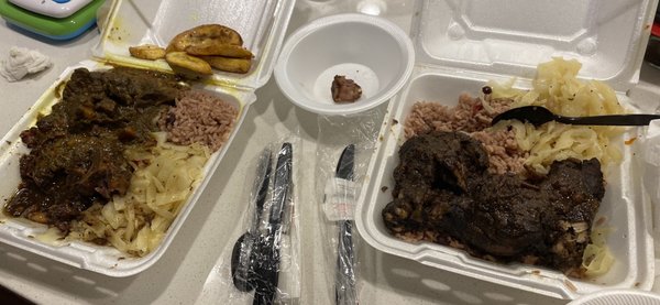 Oxtail/ curry goat, rice and peas, cabbage, plantain